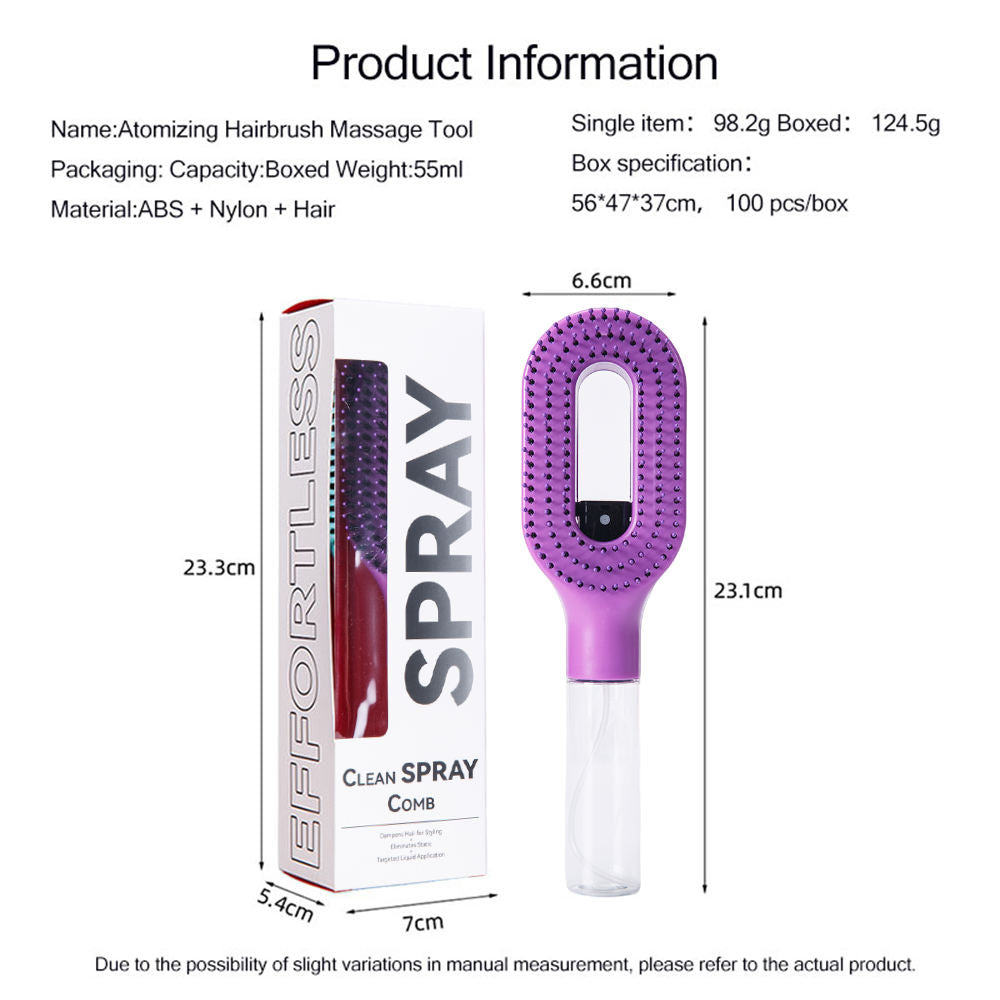 2-in-1 Feinsprüh-Haarbürste, nachfüllbarer Wasser-Hydratations-Entwirrkamm, borstenlose Anti-Frizz Massage-Haarbürste, antistatisches tragbares Haarstyling-Tool für trockenes, krauses, lockiges Haar zur Volumenbildung