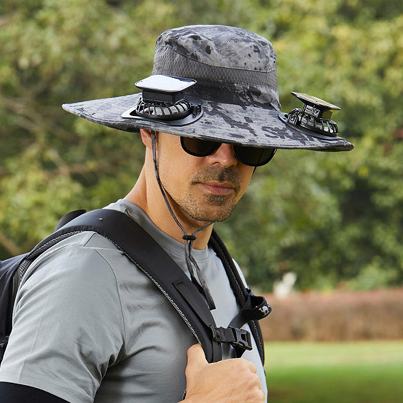 Large Size Quick-Dry Sun Hat, Solar & USB Rechargeable Cooling Fisherman Hat, Adjustable Wide Brim Dual Fan Hat, UV Protection Portable Wearable Fan Cap for Fishing Hiking Camping Summer Outdoor Travel