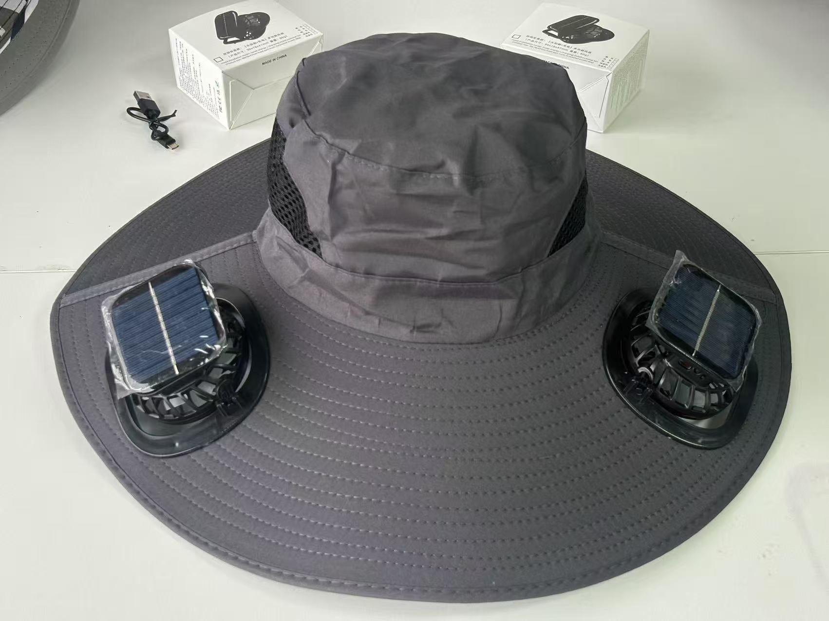 Large Size Quick-Dry Sun Hat, Solar & USB Rechargeable Cooling Fisherman Hat, Adjustable Wide Brim Dual Fan Hat, UV Protection Portable Wearable Fan Cap for Fishing Hiking Camping Summer Outdoor Travel