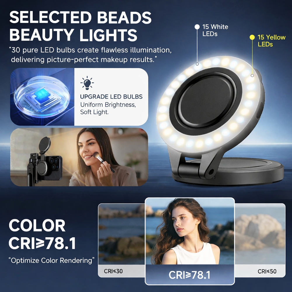 Magnetischer Kamerastabilisator-Griff + Magnetisches Fülllicht-Bundle, Anti-Shake Handheld-Fotogriff mit kabelloser Fernbedienung und Zoomfunktion, 180° drehbares LED-Taschen-Selfie-Ringlicht mit 3 Farben für Handy-Aufnahmen, Vlog, Live-Streams, Make-up