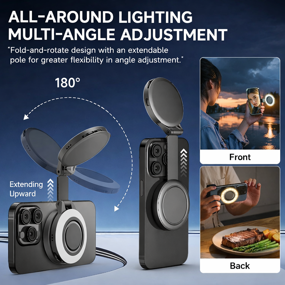 Magnetischer Kamerastabilisator-Griff + Magnetisches Fülllicht-Bundle, Anti-Shake Handheld-Fotogriff mit kabelloser Fernbedienung und Zoomfunktion, 180° drehbares LED-Taschen-Selfie-Ringlicht mit 3 Farben für Handy-Aufnahmen, Vlog, Live-Streams, Make-up